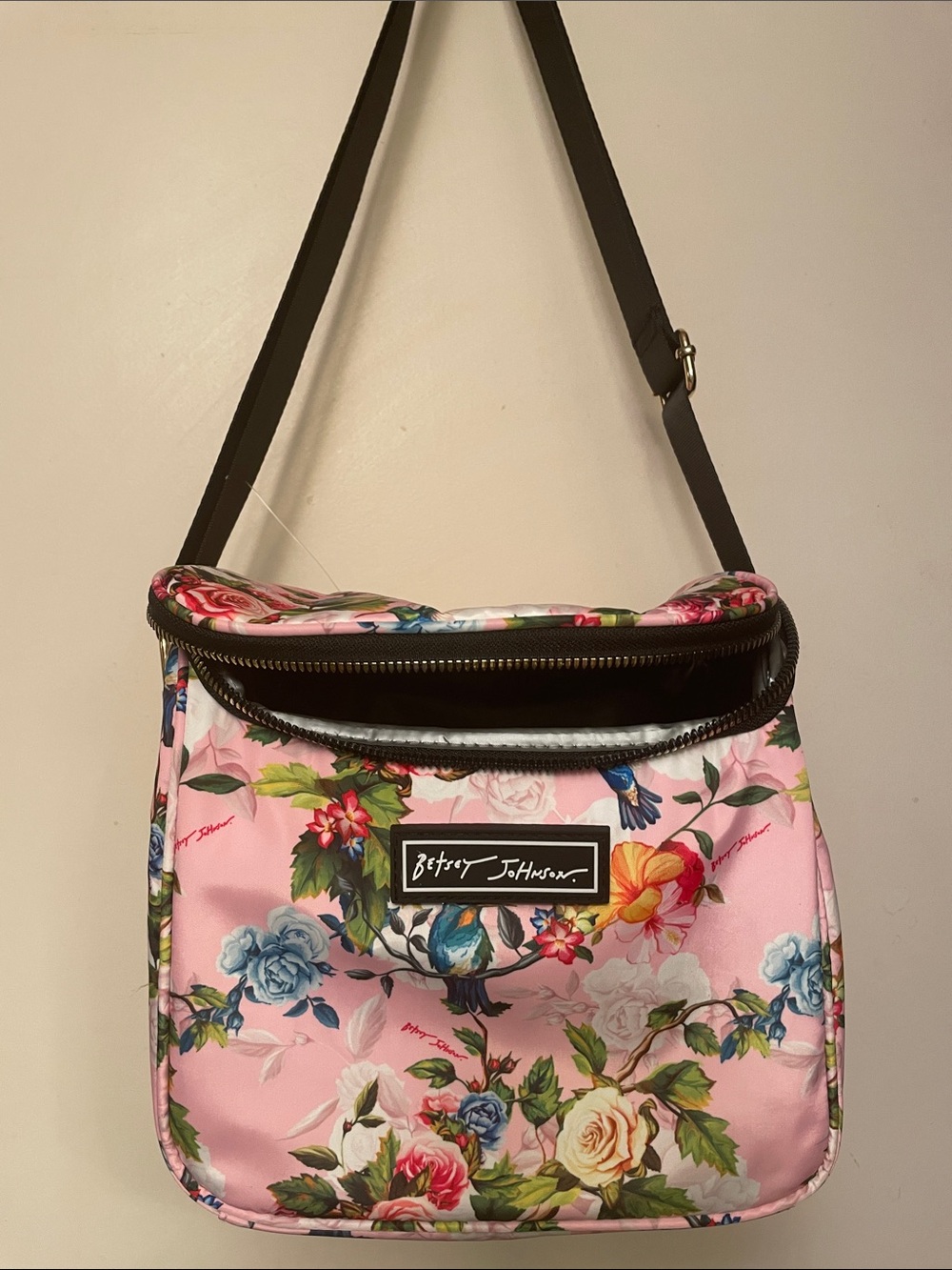 Betsey Johnson Pink Floral Cooler with crossbody strap, Bird Motif